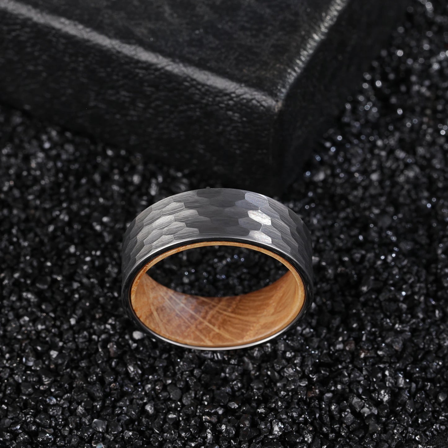 Tungsten Carbide Hammered Ring with Whiskey Barrel Core
