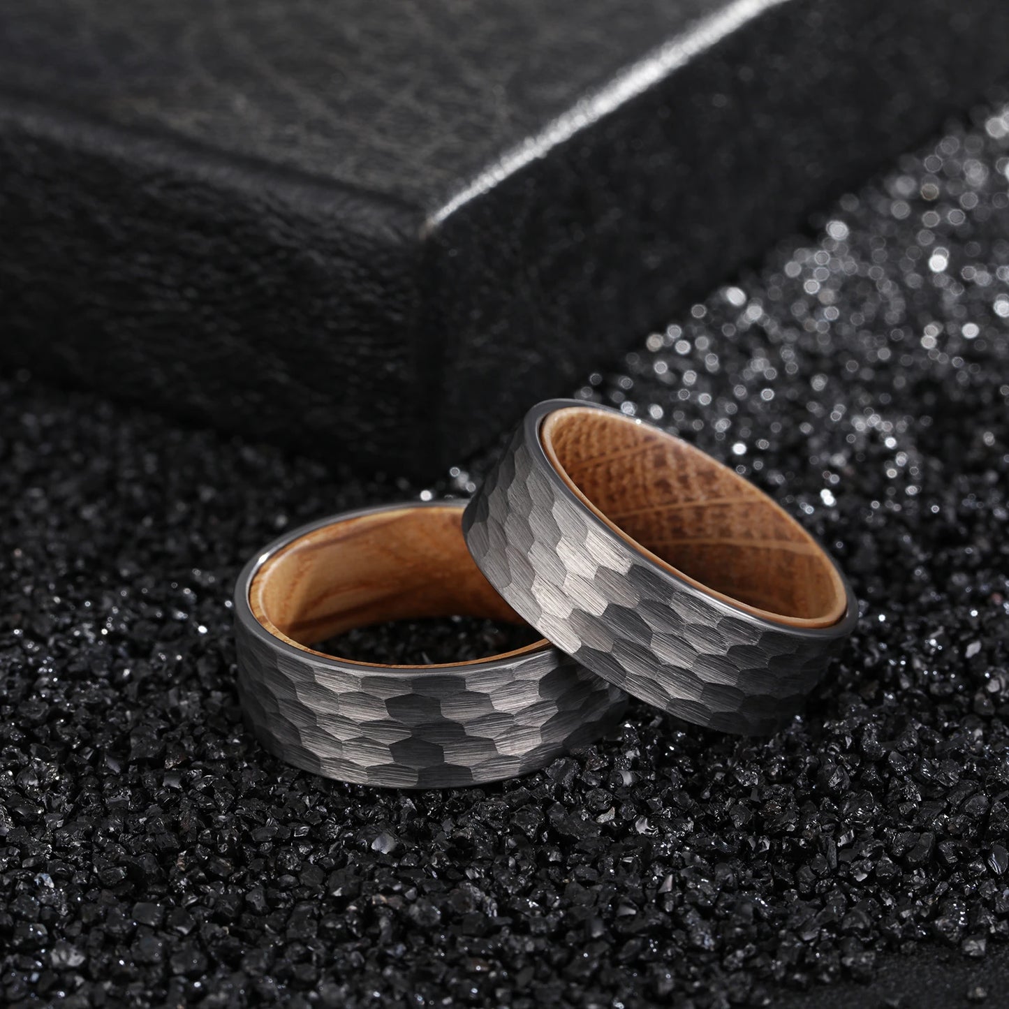 Tungsten Carbide Hammered Ring with Whiskey Barrel Core