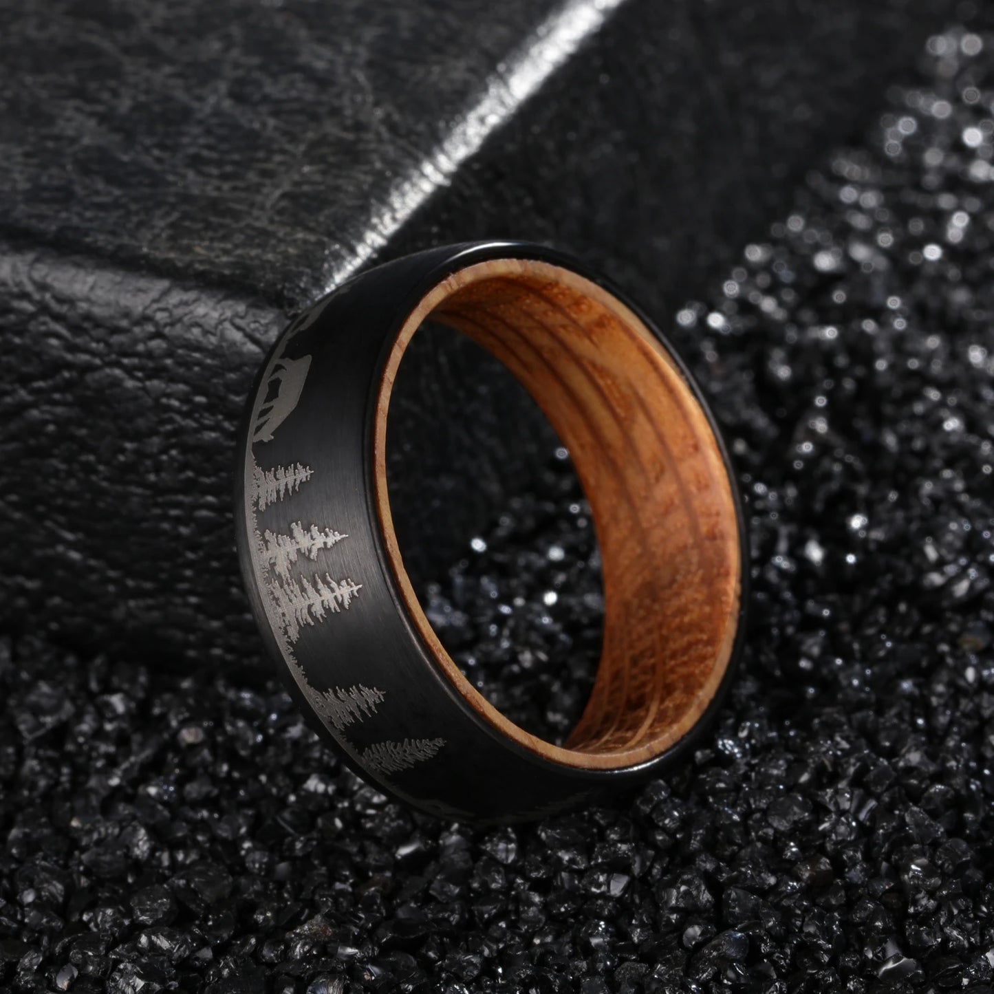 Poya 8mm Mens Wedding Band Deer Cow Tree Lasered Black Tungsten Carbide Ring With Whiskey Barrel Wood Liner