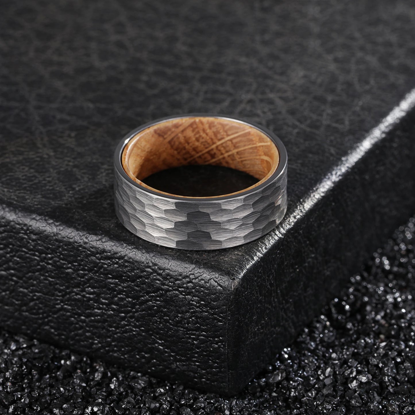Tungsten Carbide Hammered Ring with Whiskey Barrel Core