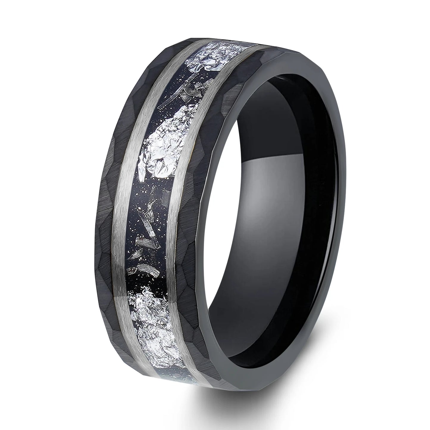 Black 8mm Hammered Tungsten Ring Sliver Leaf & Meteorite Shaving Inlay
