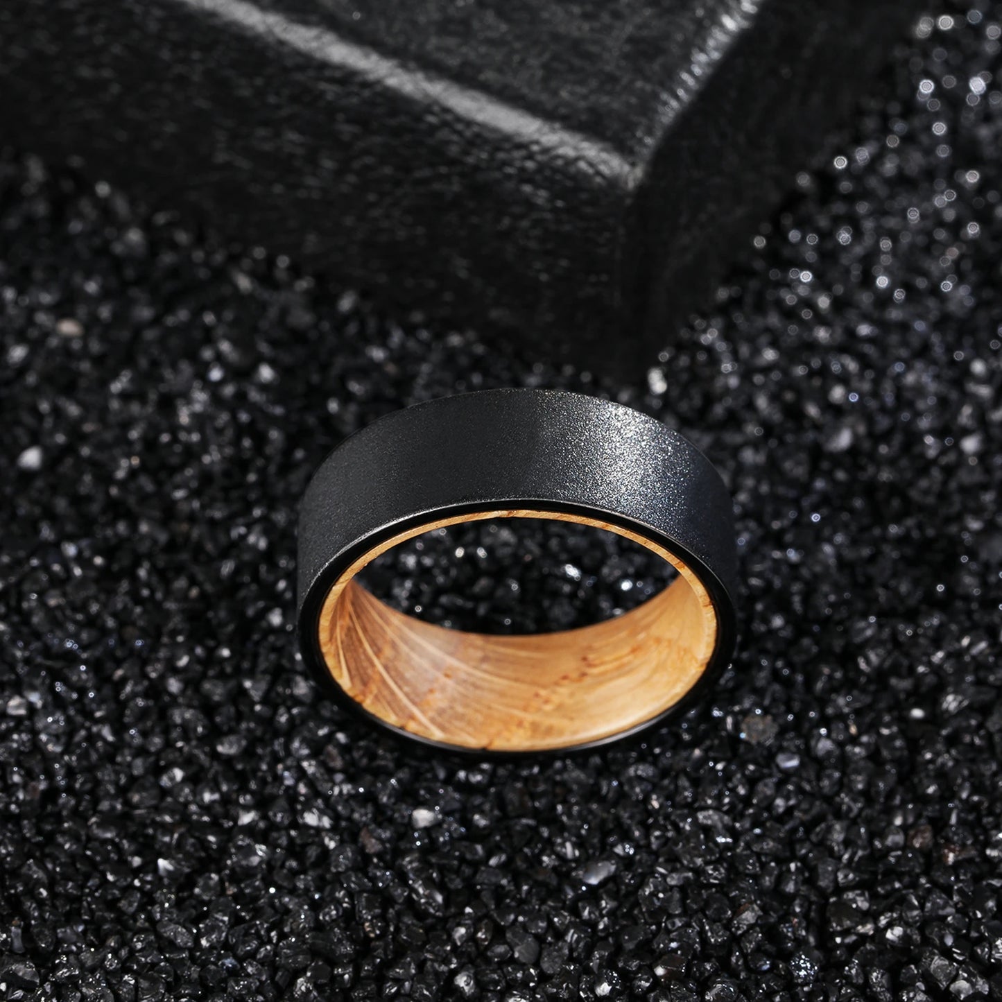 Sandblasted 8mm Whiskey Barrel Wood Liner Black Tungsten Carbide Ring