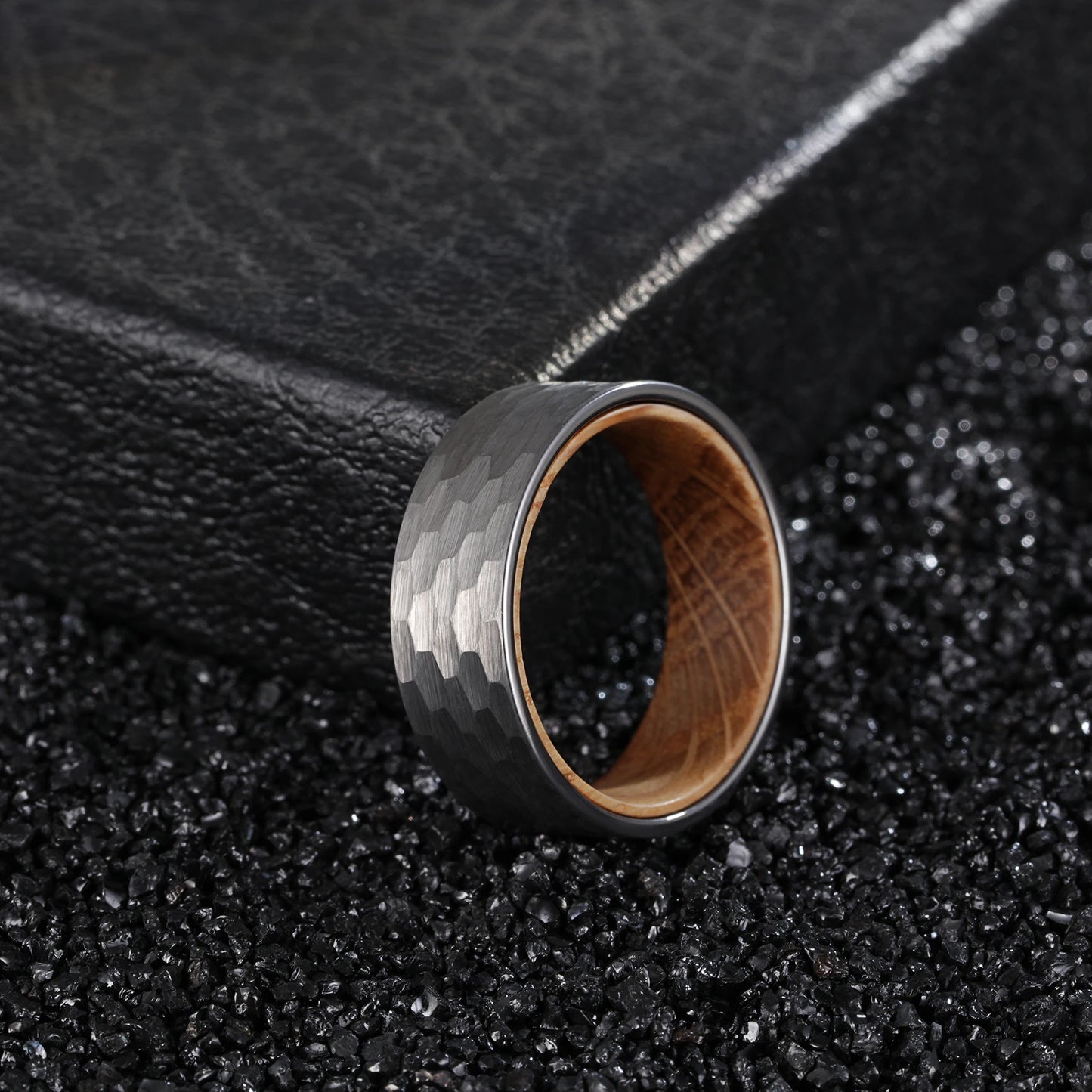 Tungsten Carbide Hammered Ring with Whiskey Barrel Core