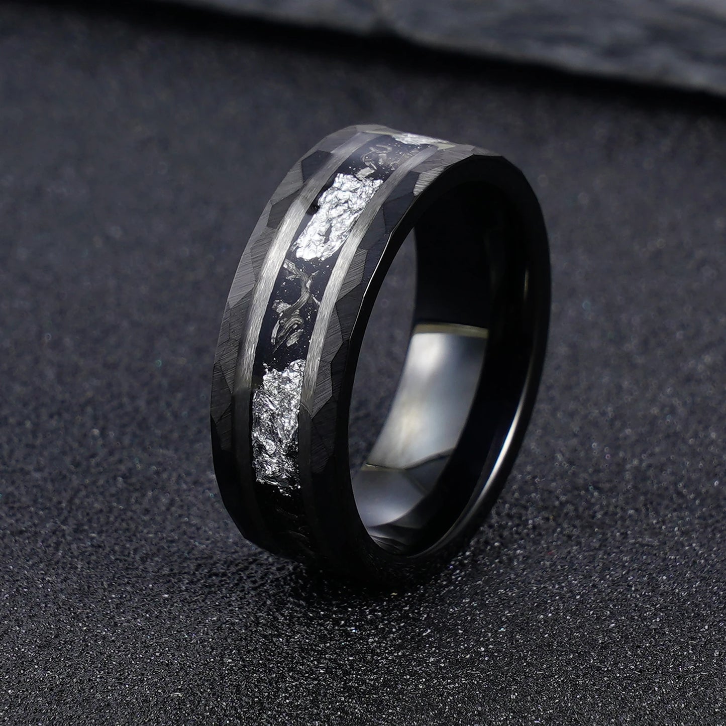 Black 8mm Hammered Tungsten Ring Sliver Leaf & Meteorite Shaving Inlay