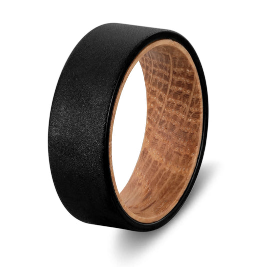 Sandblasted 8mm Whiskey Barrel Wood Liner Black Tungsten Carbide Ring