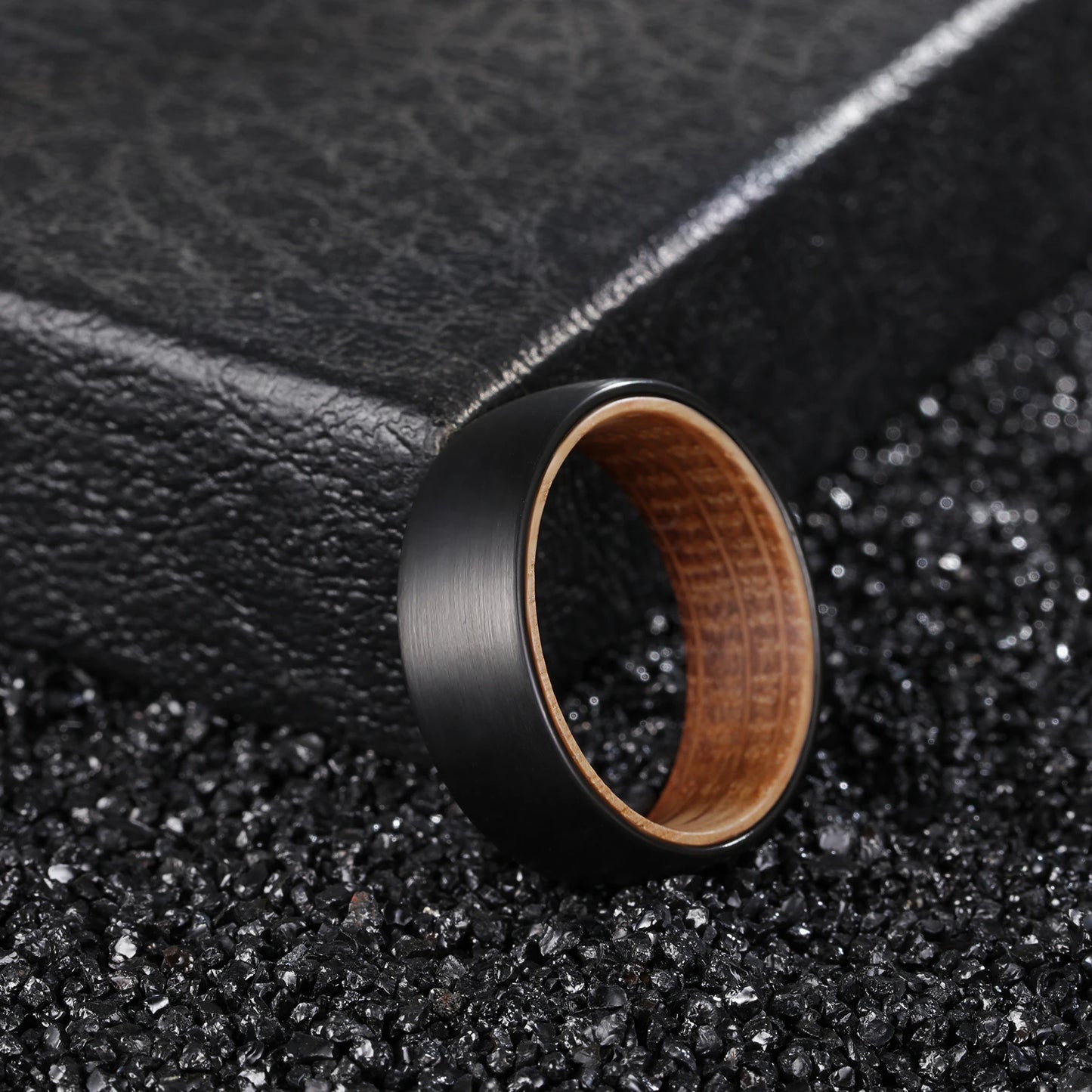 Domed Brushed Black Tungsten With Whiskey Barrel Wood Core