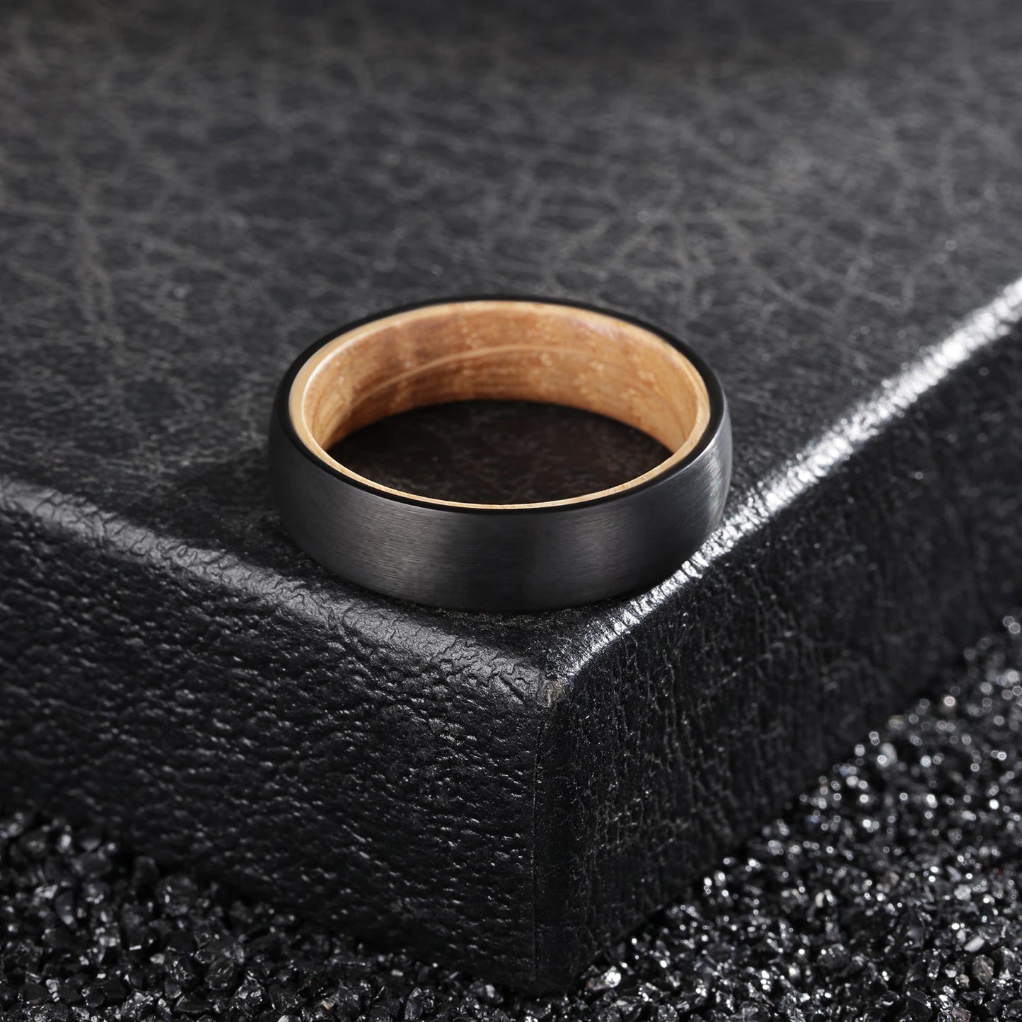 Poya Whiskey Barrel Wood Sleeve 6mm Brushed Domed Black Tungsten Wedding Ring