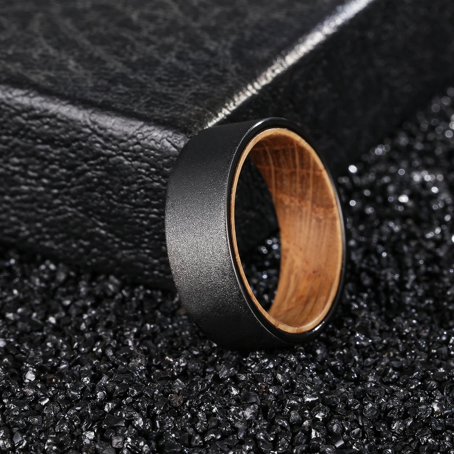 Sandblasted 8mm Whiskey Barrel Wood Liner Black Tungsten Carbide Ring