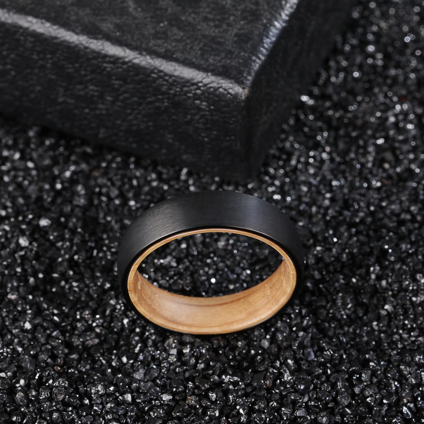 Poya Whiskey Barrel Wood Sleeve 6mm Brushed Domed Black Tungsten Wedding Ring