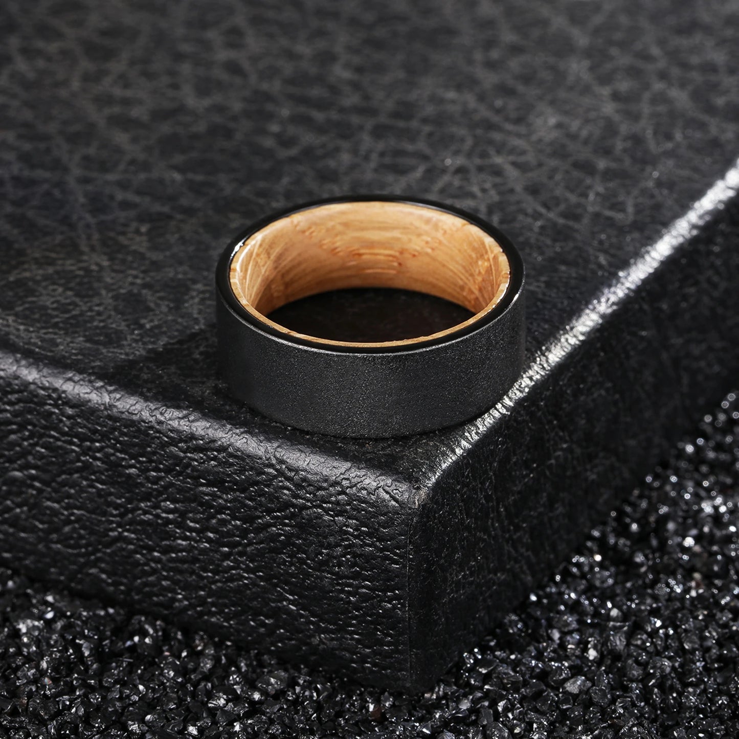 Sandblasted 8mm Whiskey Barrel Wood Liner Black Tungsten Carbide Ring