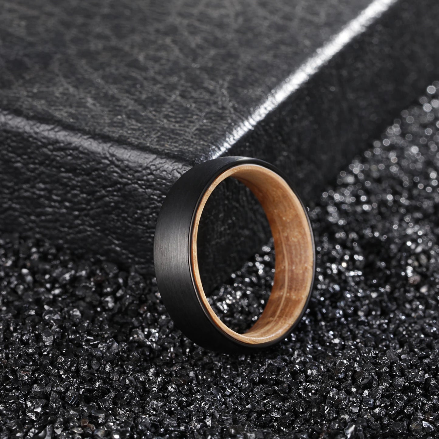 Poya Whiskey Barrel Wood Sleeve 6mm Brushed Domed Black Tungsten Wedding Ring