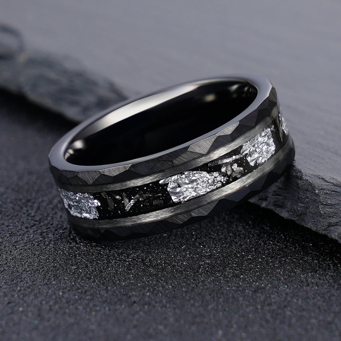 Black 8mm  Hammered Tungsten Ring  Sliver Leaf & Meteorite Shaving Inlay
