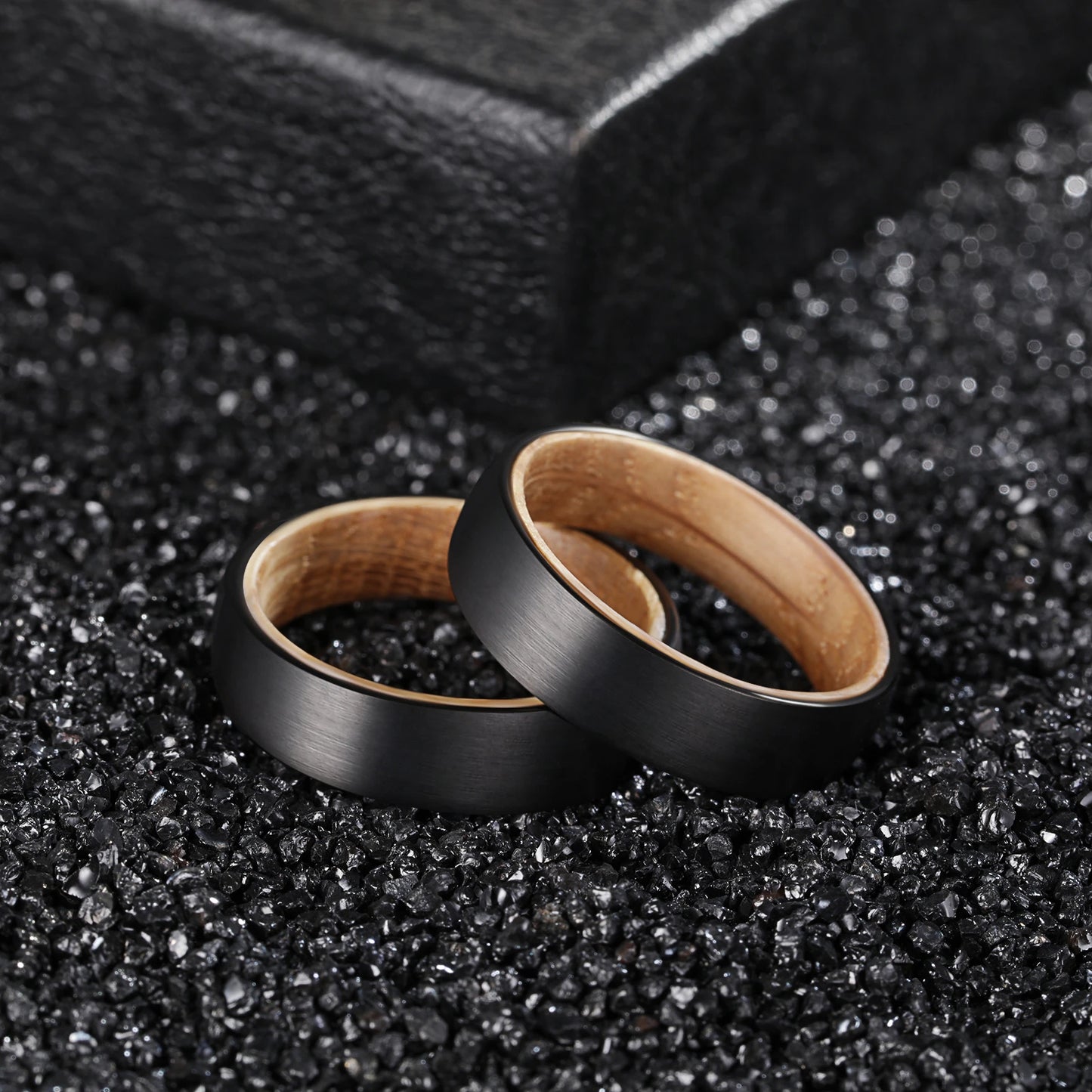 Poya Whiskey Barrel Wood Sleeve 6mm Brushed Domed Black Tungsten Wedding Ring