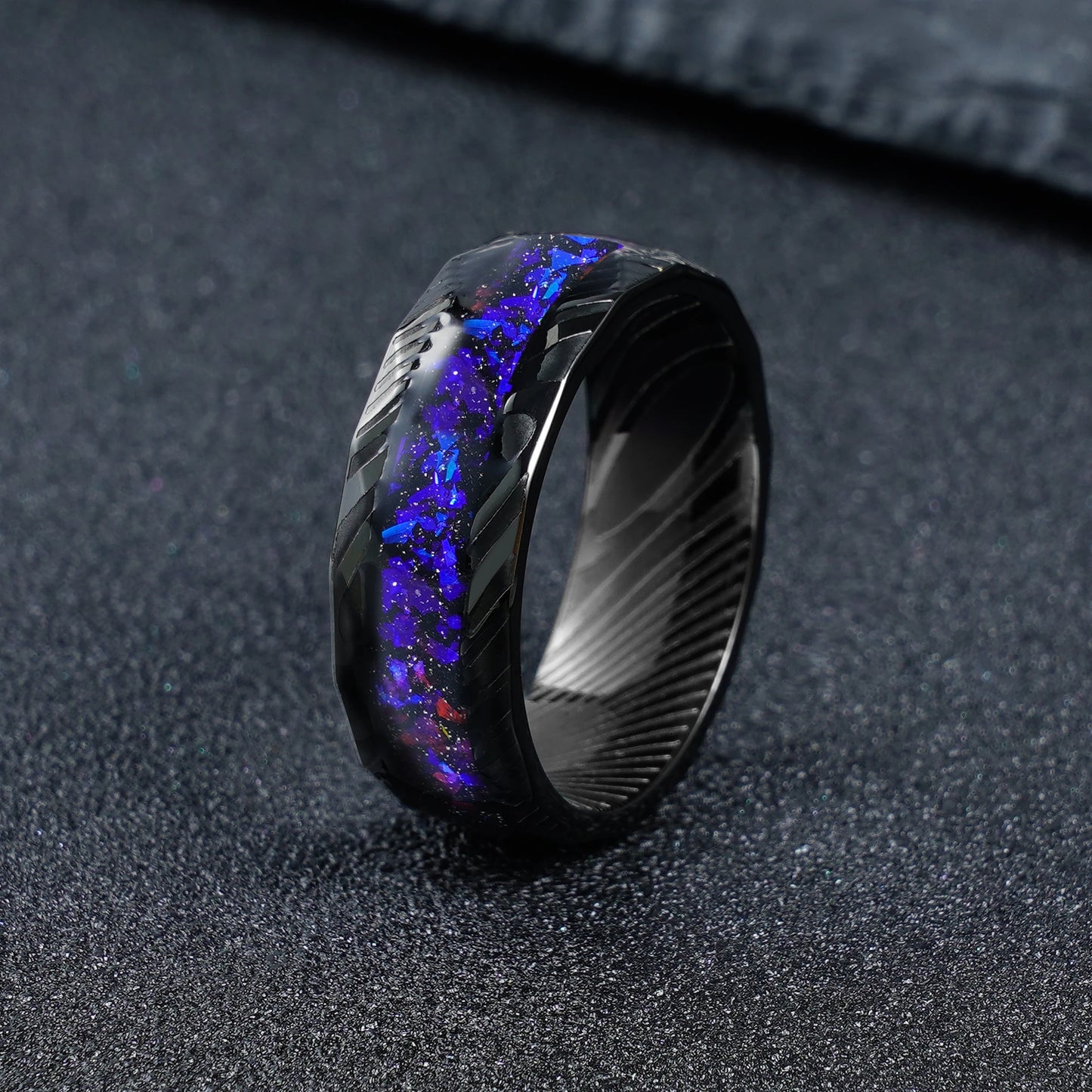 Galaxy Gravel Inlay Black Steel Damascus  Stainless Steel Ring