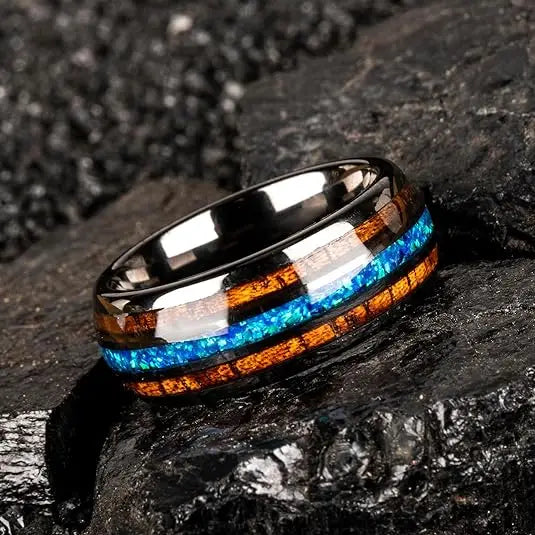 Tungsten Carbide Wood and Opal Ring