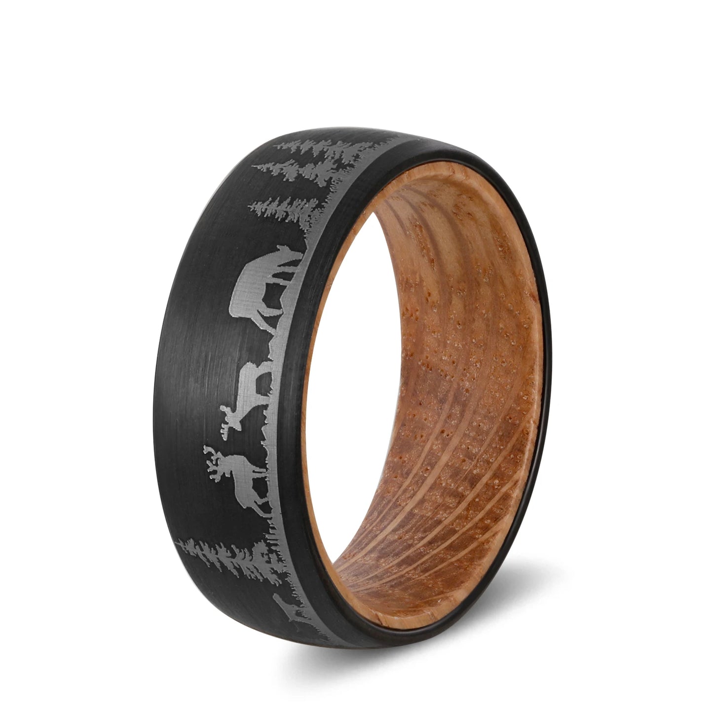 Poya 8mm Mens Wedding Band Deer Cow Tree Lasered Black Tungsten Carbide Ring With Whiskey Barrel Wood Liner