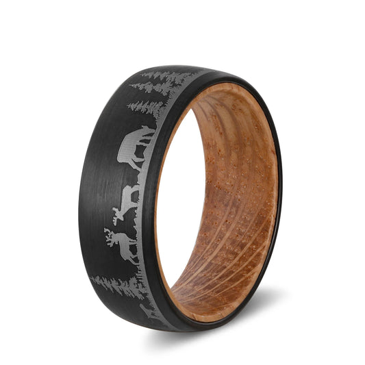 Poya 8mm Mens Wedding Band Deer Cow Tree Lasered Black Tungsten Carbide Ring With Whiskey Barrel Wood Liner
