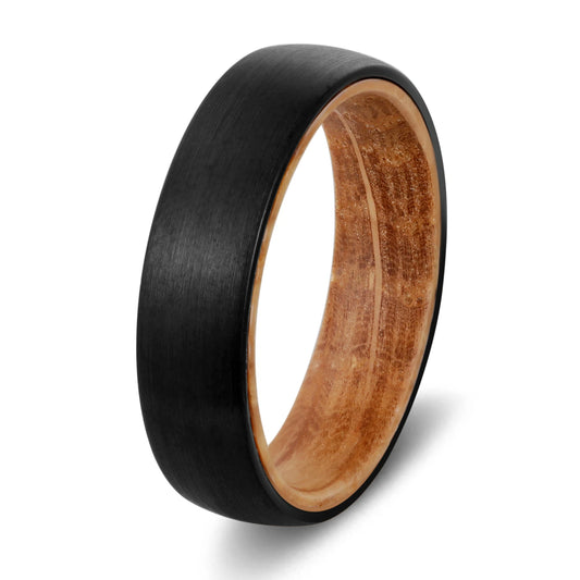 Poya Whiskey Barrel Wood Sleeve 6mm Brushed Domed Black Tungsten Wedding Ring