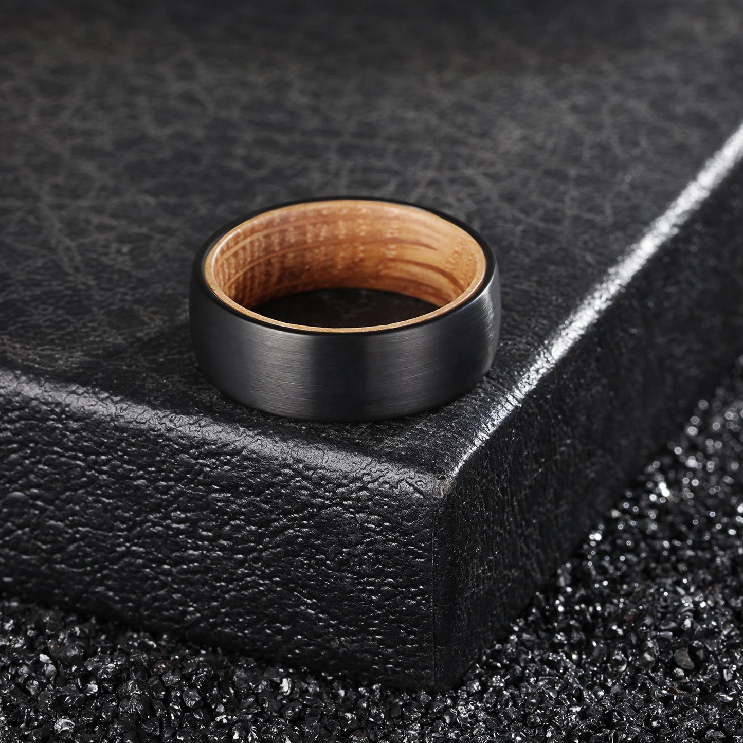 Domed Brushed Black Tungsten With Whiskey Barrel Wood Core