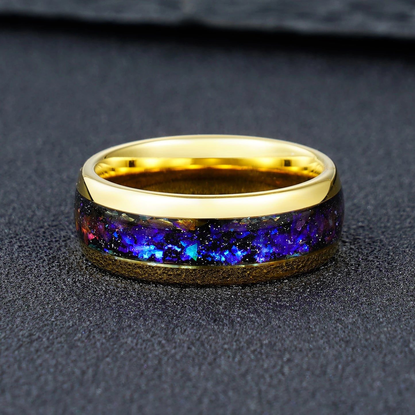 8mm Tungsten Carbide Gold Ring with Blue Nebular Inlay - Durable Comfort Fit Wedding Band
