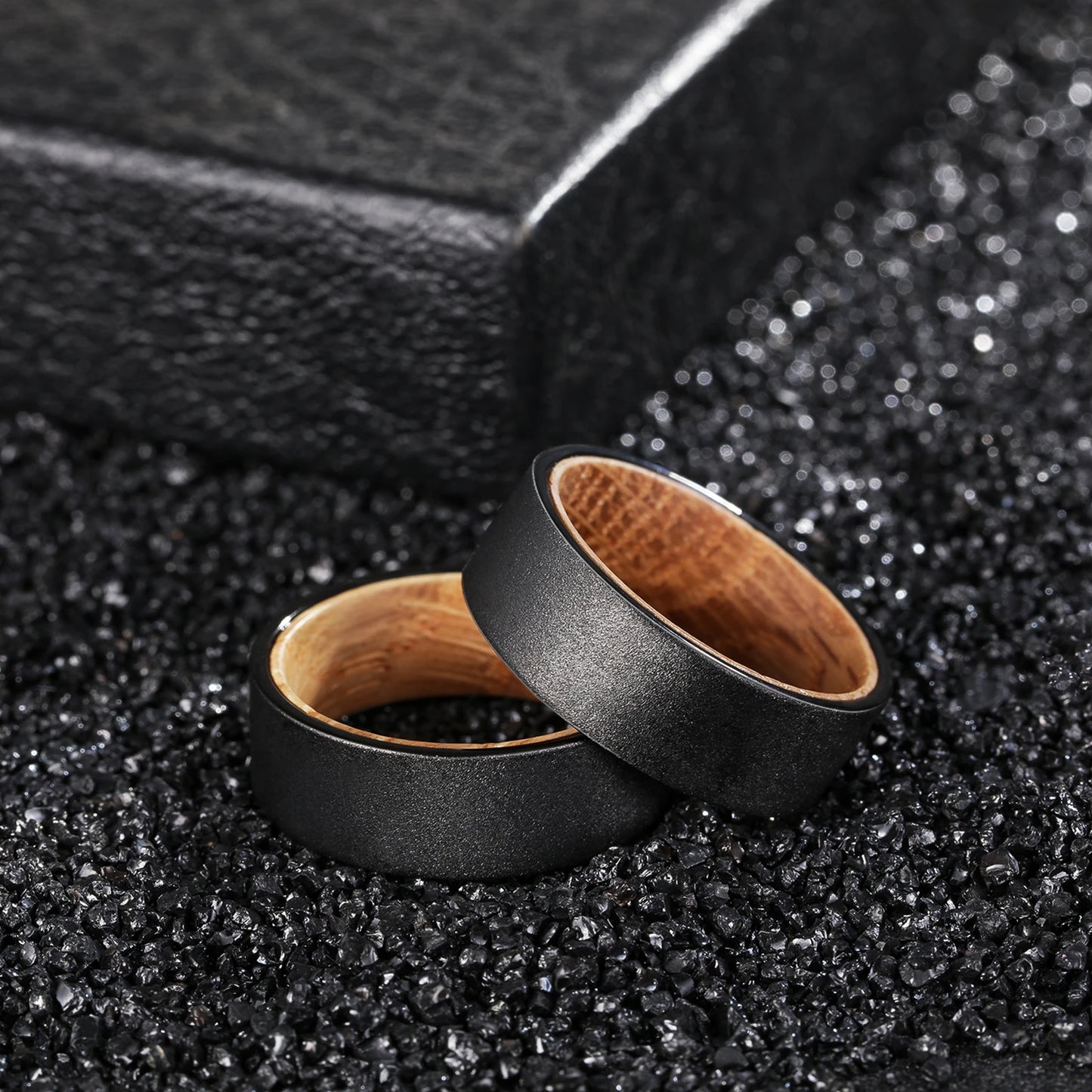 Sandblasted 8mm Whiskey Barrel Wood Liner Black Tungsten Carbide Ring