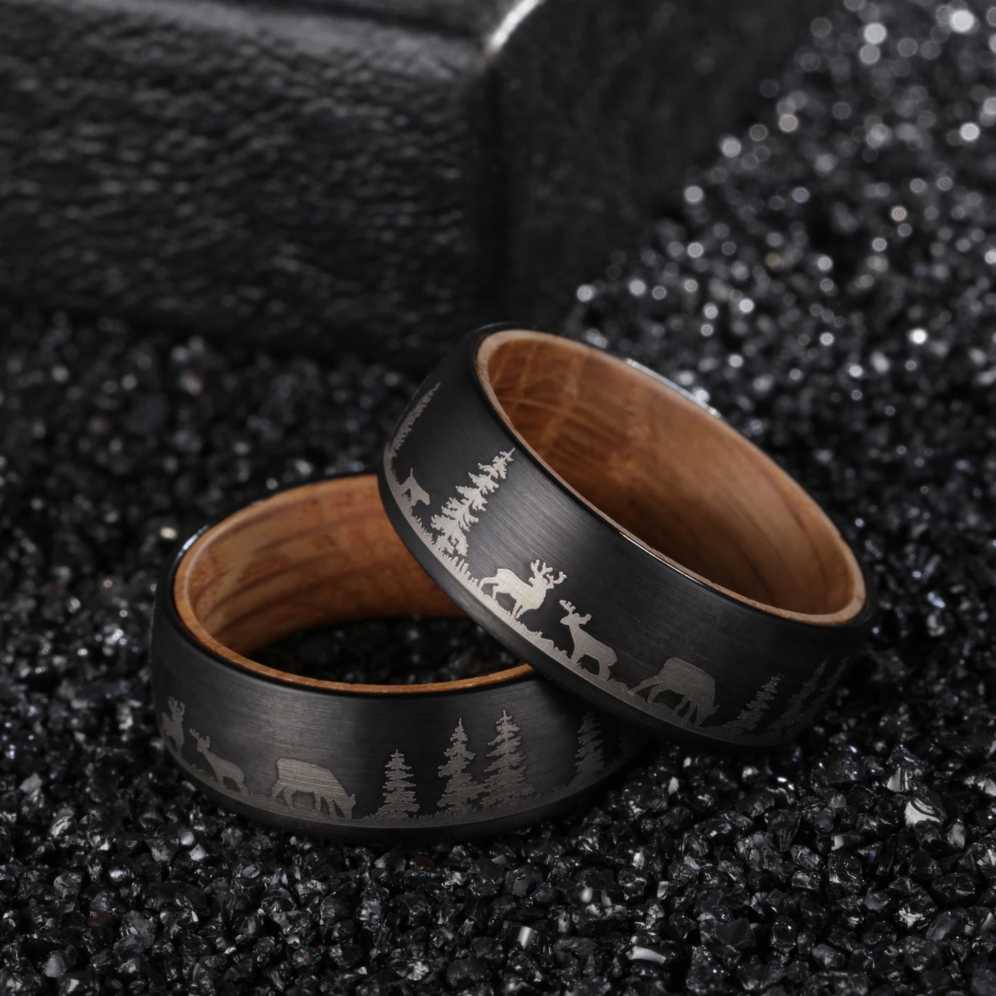 Poya 8mm Mens Wedding Band Deer Cow Tree Lasered Black Tungsten Carbide Ring With Whiskey Barrel Wood Liner